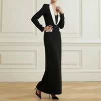 
              Contrast Colour Deep V-Neck Formal Evening Ladies Black Dress
            