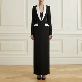 Contrast Colour Deep V-Neck Formal Evening Ladies Black Dress