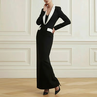 
              Contrast Colour Deep V-Neck Formal Evening Ladies Black Dress
            